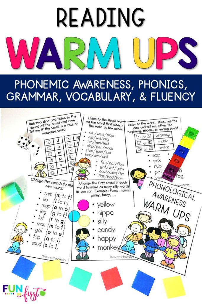 Reading Warm Up Cards are a great way to begin your small group or whole group reading lessons. This set includes warm up cards for Phonological Awareness, Phonics, Vocabulary, Grammar, and Fluency (476 cards in all.) Simply print, laminate, and place on a metal ring.