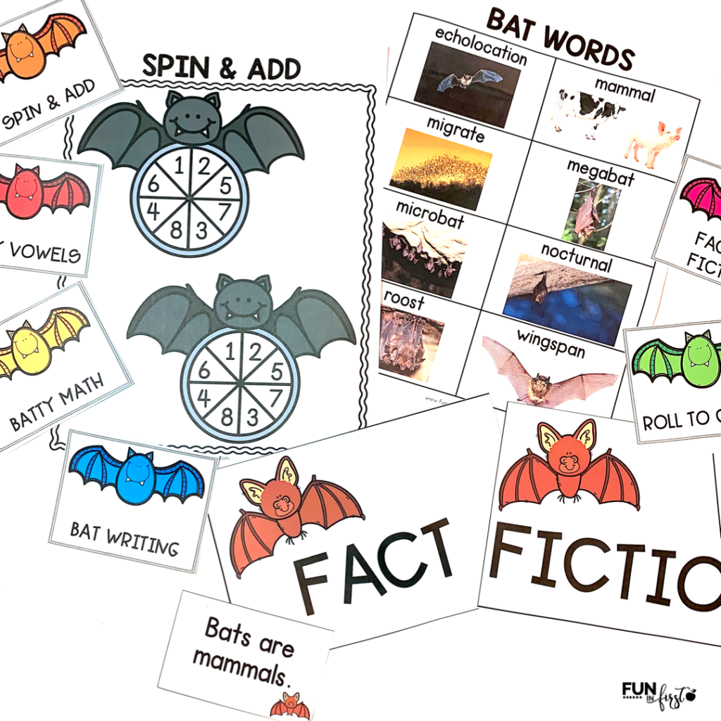 These bat-themed activities are perfect to use during a Bat Cave Day Classroom Transformation or anytime you are studying bats.  This packet includes reading, writing, math, and science activities that are geared towards 1st grade students.