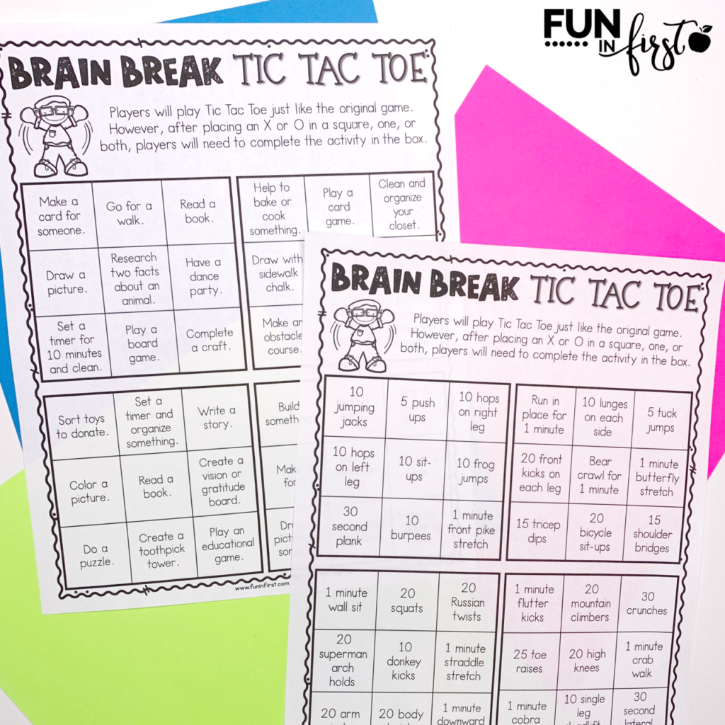 This FREE Brain Break Tic Tac Toe includes 3 sets of activities for children that may be stuck at home. The first set includes quick exercises to get children up and moving. The second set includes longer activities to be completed throughout the day. The third set is completely editable to allow you to type in your own activities.