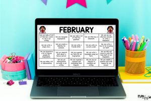 Computer with example of digital calendar with mini-lesson plans for the month of February