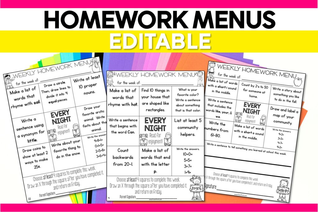 Editable Homework Menus for 1st Grade